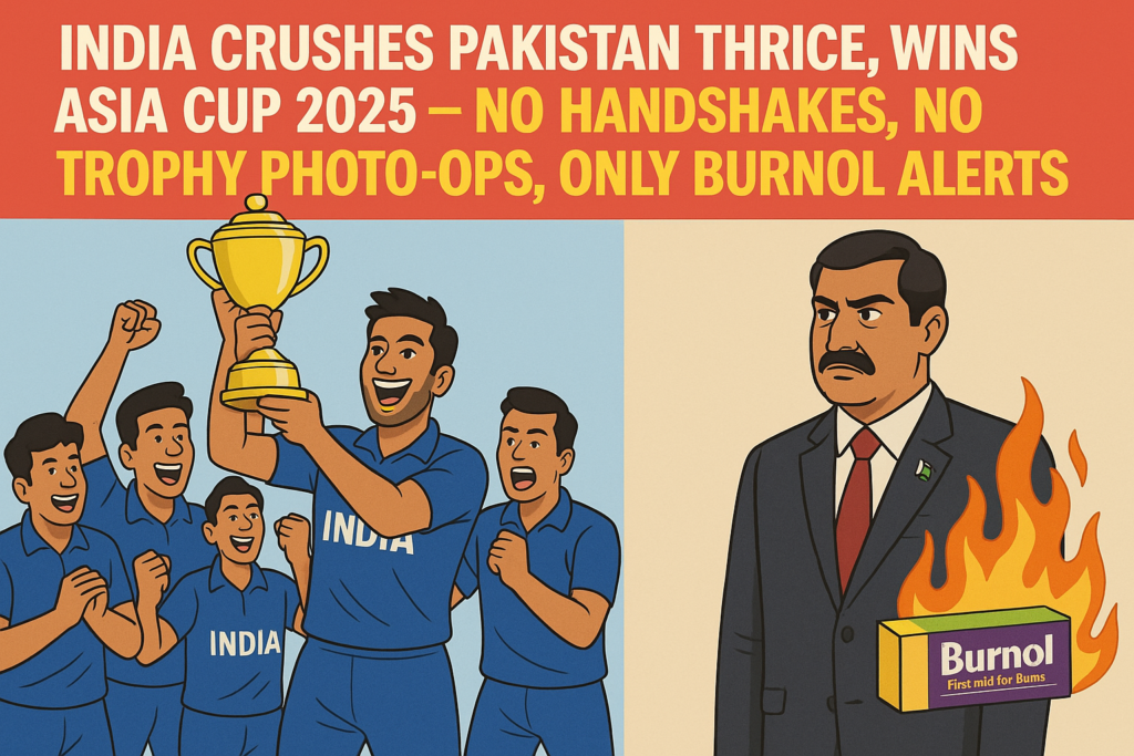 India Crushes Pakistan Thrice, Wins Asia Cup 2025 — No Handshakes, No Trophy Photo-ops, Only Burnol Alerts