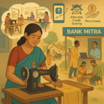 An illustration showing financial inclusion in rural India. In the foreground, a young woman tailor