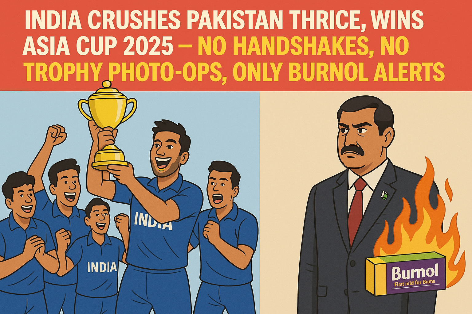 India Crushes Pakistan Thrice, Wins Asia Cup 2025 — No Handshakes, No Trophy Photo-ops, Only Burnol Alerts