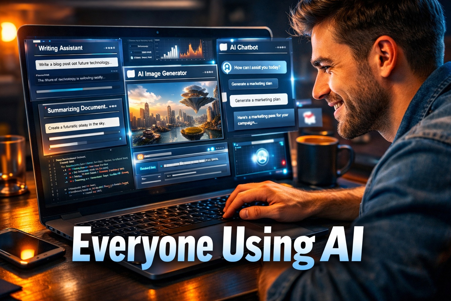 person using multiple AI tools on laptop including writing assistant chatbot and image generator